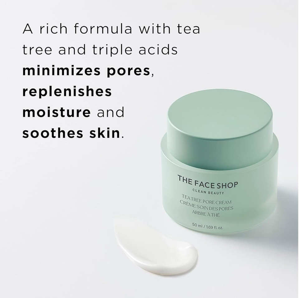 The Face Shop Tea Tree Pore Cream - Pore Minimizer, Hydrating, Soothing Face Moisturizer - Aha, Bha, Pha - Protects Skin Barrier - Hyaluronic Acid, Panthenol, Cica, Vitamin B5 - Korean Skin Care