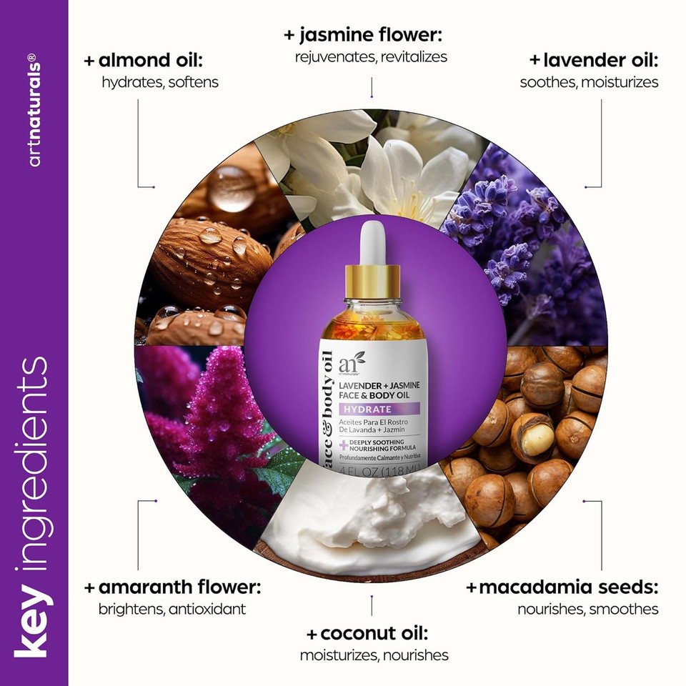 Artnaturals Organic Lavender + Jasmine Face Oil 4.0Oz - For Body & Hair - 100% Natural, Moisturize, Rejuvenate & Enhance Your Skin - Anti-Aging Moisturizer Facial Oil For Fine Lines, Scars & Wrinkles
