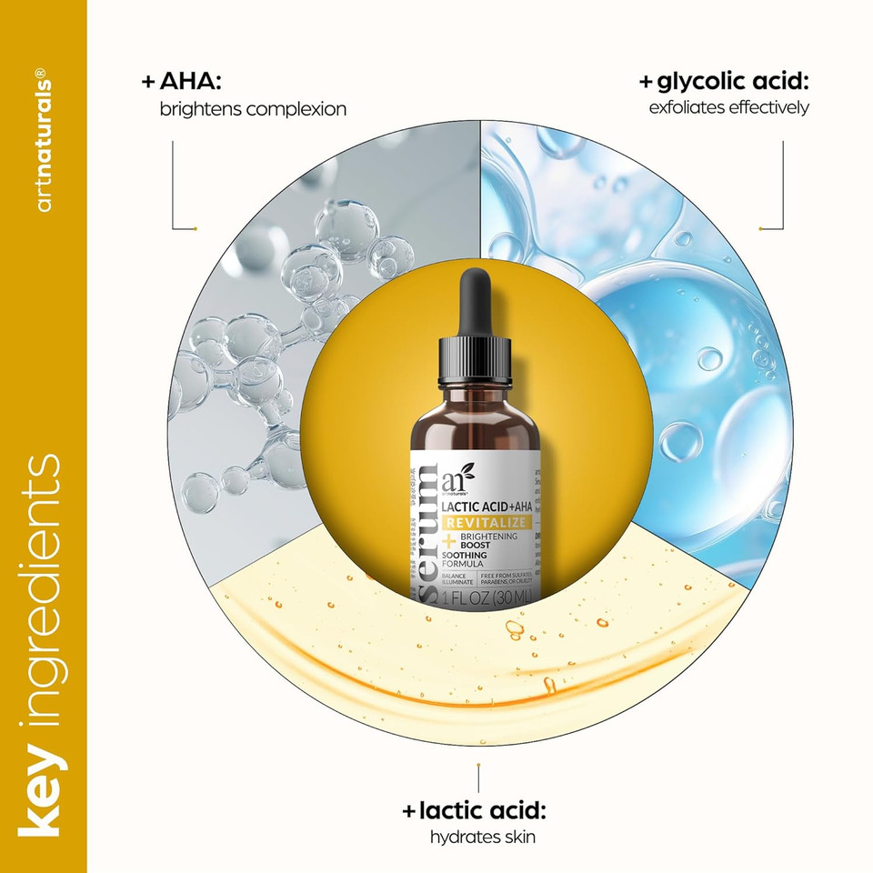 Artnaturals Lactic Acid Plus Aha Face Serum For Brightening Boost With Renewing Formula - Scars, Acne, Wrinkles - Exfoliates And Moisturizes The Skin - 1 Oz
