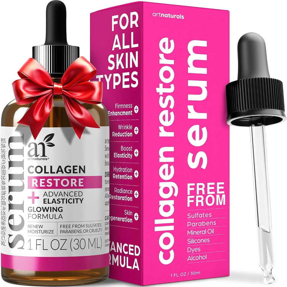 Artnaturals Collagen Booster Serum For Face - Anti-Aging Reduces Wrinkles And Boosts Collagen - Heals And Repairs Skin - Improves Tone And Texture - Hyaluronic Acid & Vitamin E - 1 Oz