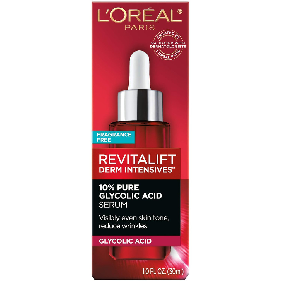 L'Oreal Paris Revitalift 10% Pure Glycolic Acid Face Serum, Visibly Evens Tone & Reduce Wrinkles, Fragrance Free 1.0 Fl Oz (30Ml)