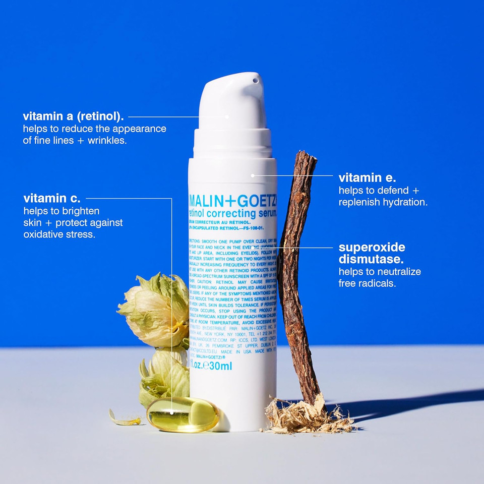 Malin + Goetz Retinol Correcting Serum, 1Oz, 30 Ml  Face Serum For Sensitive Skin Types, Brightening Serum For Face, Anti-Aging Serum, Facial Serum, Retinol Cream For Face, Vegan & Cruelty Free