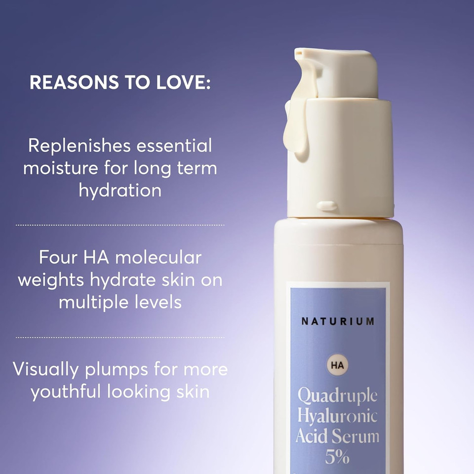 Naturium Quadruple Hyaluronic Acid Serum 5%, Hydrating & Plumping Face Serum, Anti-Aging & Moisturizing Skin Care, Fragrance-Free, 1 Oz