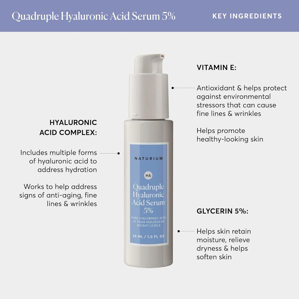 Naturium Quadruple Hyaluronic Acid Serum 5%, Hydrating & Plumping Face Serum, Anti-Aging & Moisturizing Skin Care, Fragrance-Free, 1 Oz