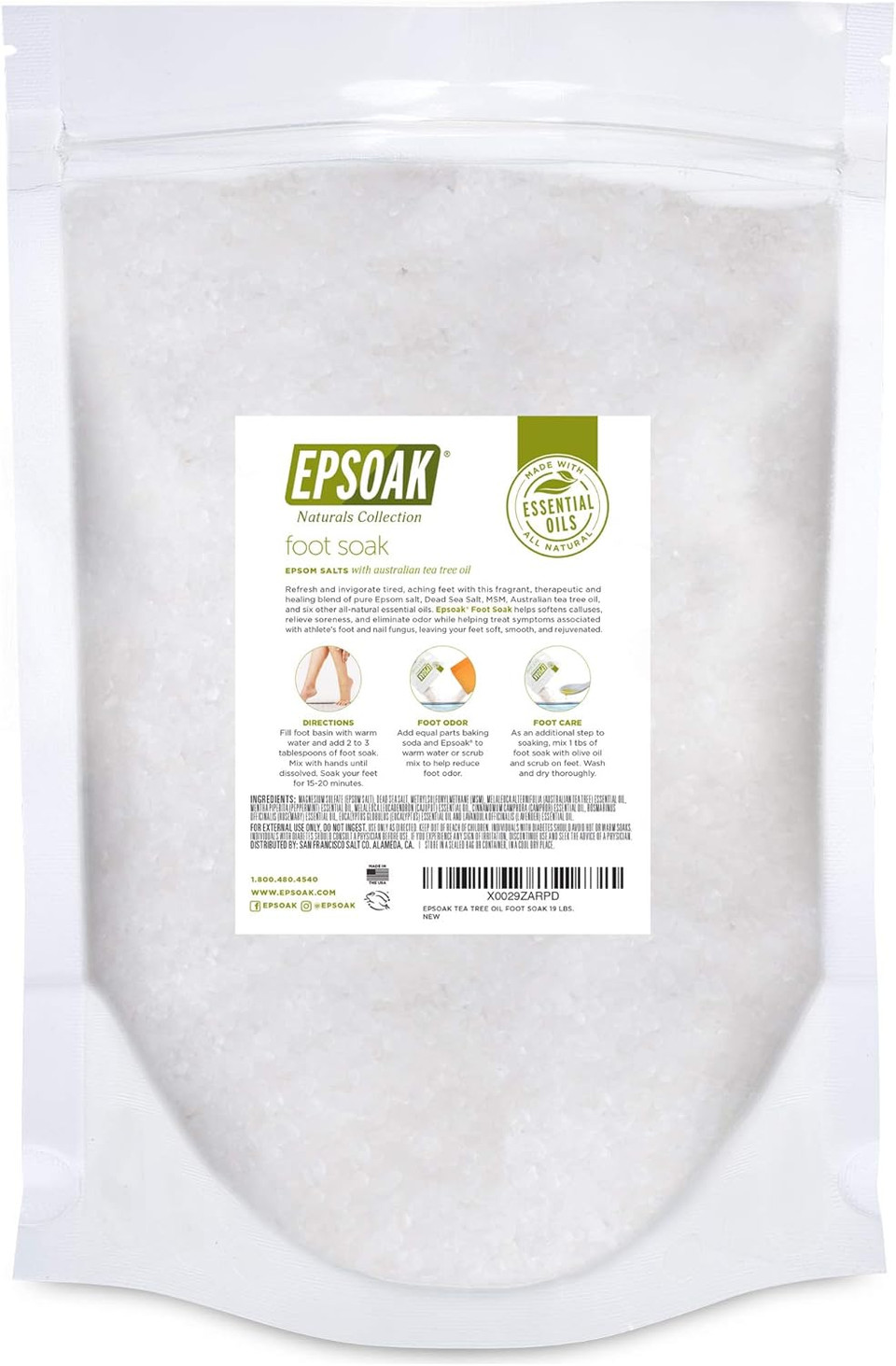 Tea Tree Oil Foot Soak With Epsoak Epsom Salt - 19 Lb. Bulk Bag - Fight Athlete'S Foot And Unpleasant Foot Odor - Made In Usa