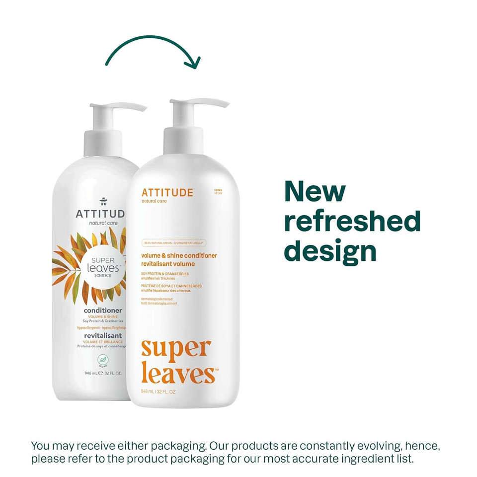 Attitude Volume And Shine Hair Conditioner, For Thin Hair, Naturally Derived Ingredients, Vegan Detangler, Dermatologically Tested, Soy Protein & Cranberries, 32 Fl Oz