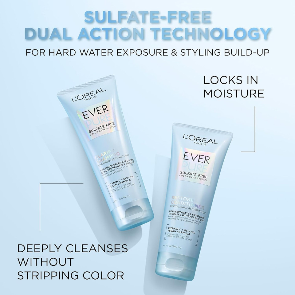 L'Oreal Paris Restore Sulfate Free Conditioner With Antioxidants, Moisturizing Conditioner For Hard Water Exposure And Styling Build-Up, Everpure, 6.8 Fl Oz