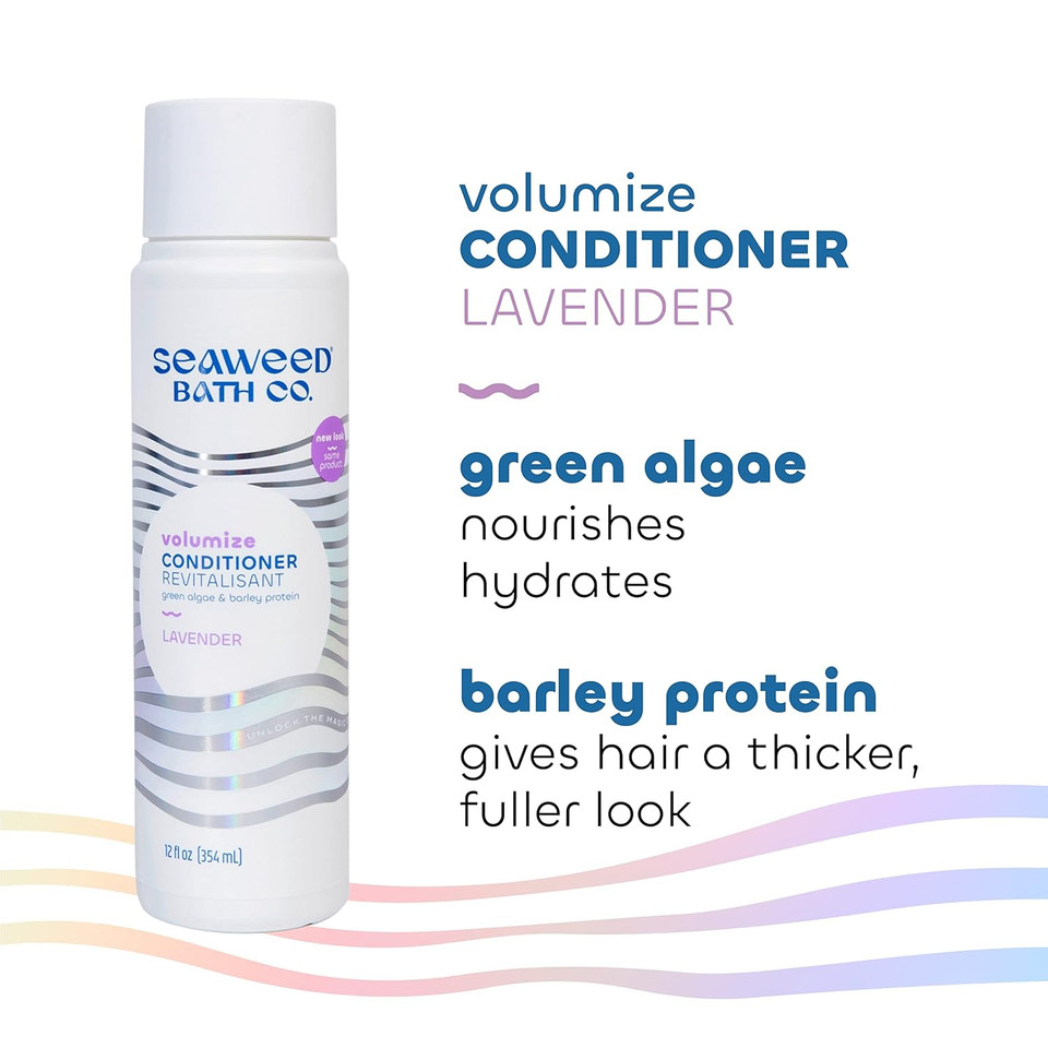 Seaweed Bath Co. Volumize Conditioner, Lavender Scent, 12 Ounce, Sustainably Harvested Seaweed, Green Algae, Barley Protein, For Normal To Fine Hair