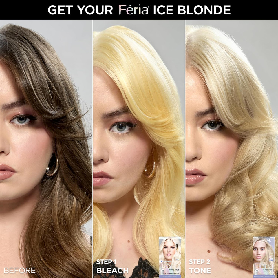 L'Oreal Paris Feria Hyper Platinum Advanced Lightening System Hair Bleach, Lifts Up To 8 Levels, Includes Anti Brass Purple Conditioner, 1 Hair Dye Kit