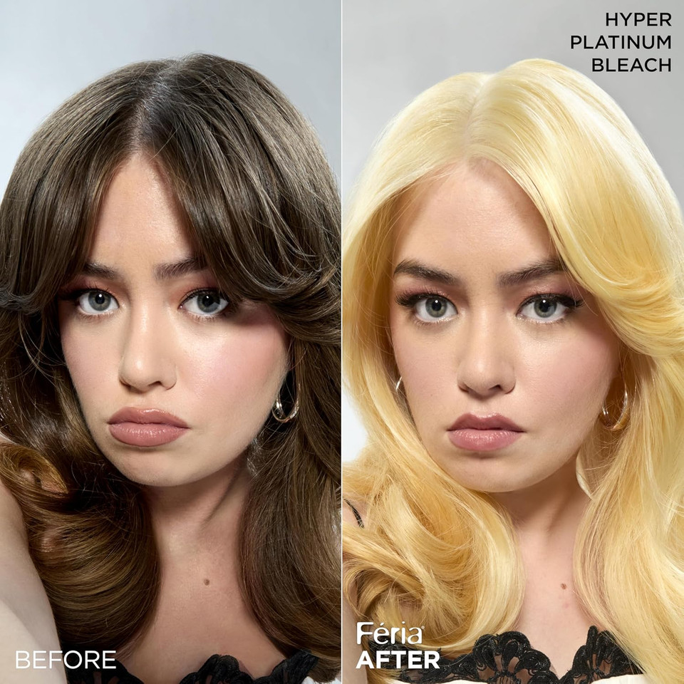 L'Oreal Paris Feria Hyper Platinum Advanced Lightening System Hair Bleach, Lifts Up To 8 Levels, Includes Anti Brass Purple Conditioner, 1 Hair Dye Kit