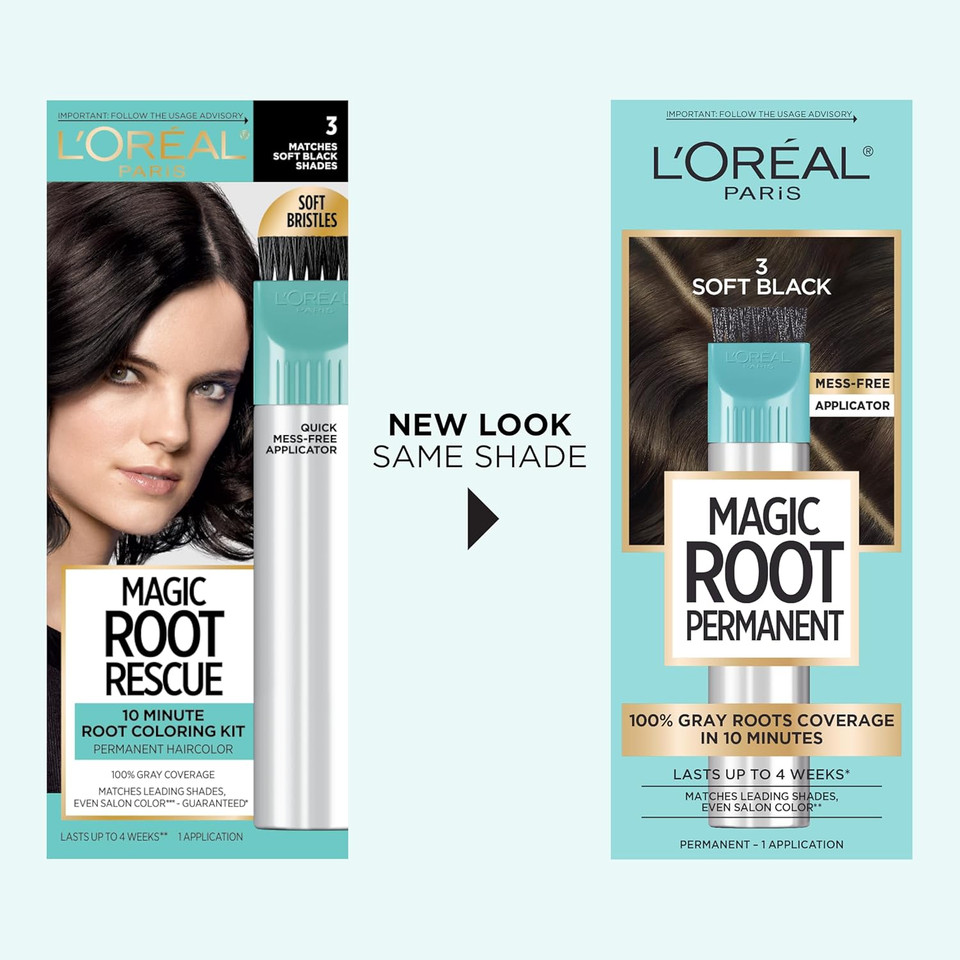 L'Oreal Paris Magic Root Rescue 10 Minute Root Hair Coloring Kit, Permanent Hair Color With Quick Precision Applicator, 100 Percent Gray Coverage, 3 Soft Black, 2 Count