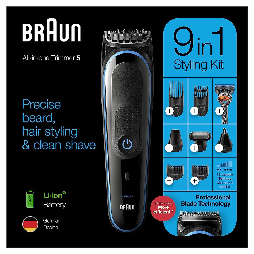 Braun Hair Clippers For Men, 9-In-1 Beard, Ear & Nose Trimmer, Body Grooming Kit, Cordless & Rechargeable With Gillette Proglide Razor, Black/Blue, 9 Piece Set