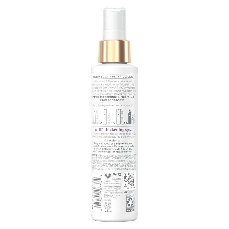 Dove Density Boost Root Lift Thickening Spray For Fuller Hair And Scalp Therapy, With Vitamin B3, Zinc And 0% Sulfates, 5 Oz