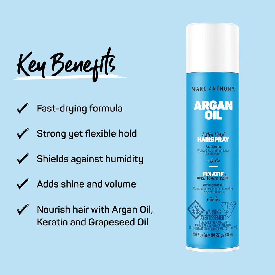 Marc Anthony Argan Oil Hairspray With Keratin, Extra Hold - Volumizing Hair Spray Fights Frizz & Humidity - Nourishing Argan Oil Of Morocco Texturizing & Hair Styling Spray - Sulfate & Paraben Free