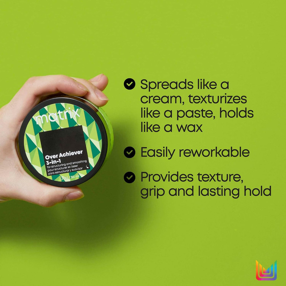 Matrix Styling Over Achiever 3-In-1 Wax | For Smoothing & Structuring Hair | Provides Long Lasting Texture & Grip | Reworkable Hold | Spreads Like Cream Pomade| For All Hair Types | 1.7 Oz