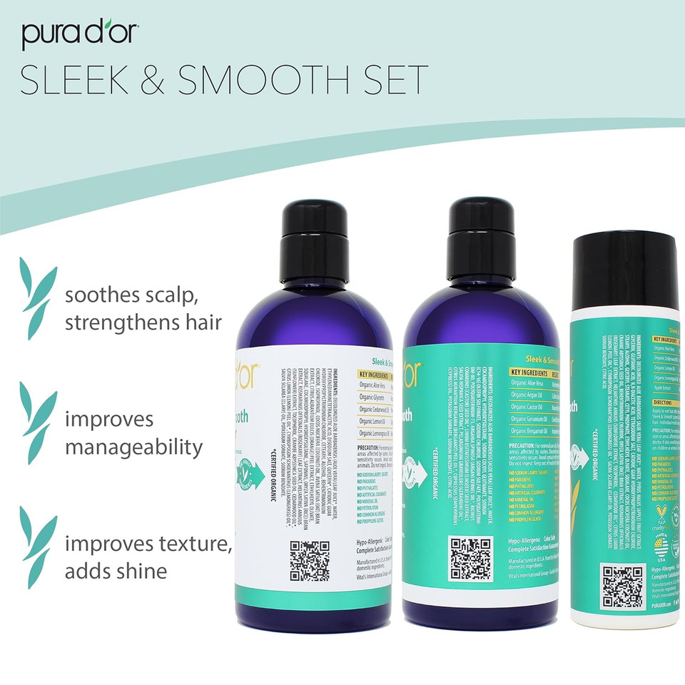 Pura D'Or Sleek & Smooth Cream (8Oz) Anti-Frizz Formula For Easy-To-Comb, Detangled, And Moisturized Hair, Softening & Strengthening With Organic Aloe Vera, Cedarwood Oil & Lemongrass Oil
