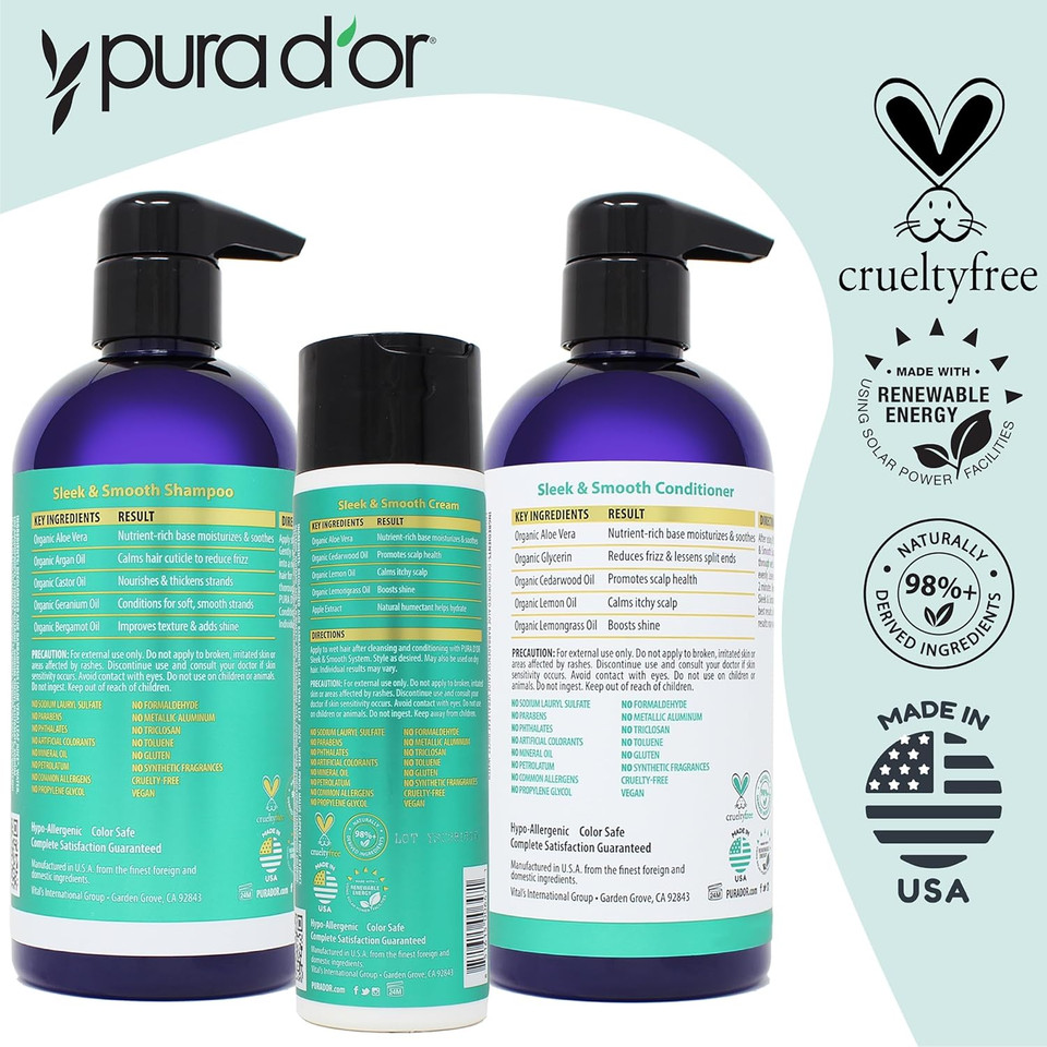 Pura D'Or Sleek & Smooth Cream (8Oz) Anti-Frizz Formula For Easy-To-Comb, Detangled, And Moisturized Hair, Softening & Strengthening With Organic Aloe Vera, Cedarwood Oil & Lemongrass Oil