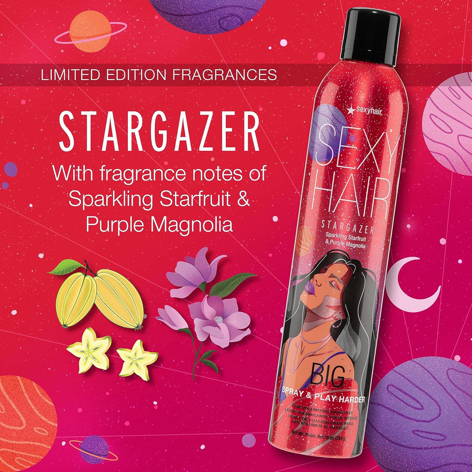 Sexyhair Big Spray & Play Harder Firm Volumizing Hairspray, 10 Oz | Stargazer | All Day Hold And Shine | Up To 72 Hour Humidity Resistance