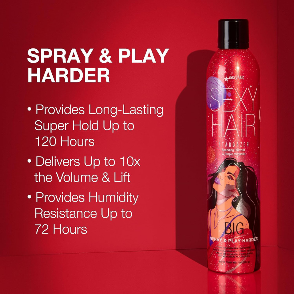 Sexyhair Big Spray & Play Harder Firm Volumizing Hairspray, 10 Oz | Stargazer | All Day Hold And Shine | Up To 72 Hour Humidity Resistance