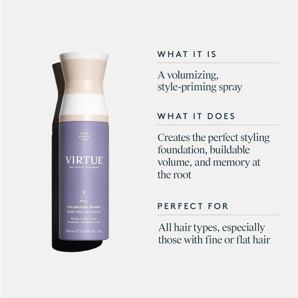 Virtue Volumizing Hair Primer Spray, Heat Protectant, Safe For All Hair Types, Color Safe, 5 Fl Oz Virtue Volumizing Hair Primer Spray, Heat Protectant, Safe For All Hair Types, Color Safe, 5 Fl Oz