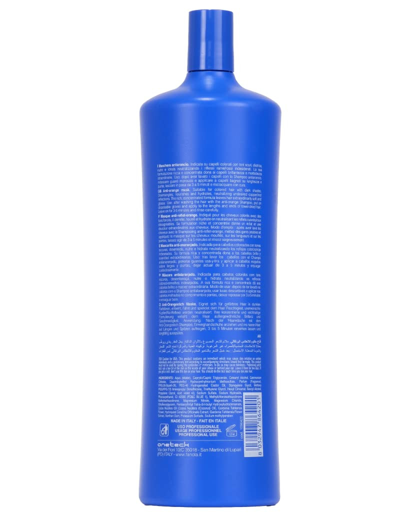 Fanola No Orange Mask - Blue Color Depositing Treatment For Dark Tones, Removes Brassiness From Color-Treated Hair - Conditioning, Detangling, And Hydrating 11.83 Fl Oz