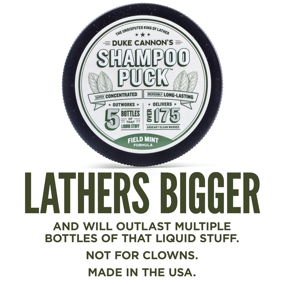 Duke Cannon Mens Shampoo Puck - Field Mint | Super-Concentrated Solid Bar, Premium Formulated, Big Lather, Eucalyptus Peppermint Fragrance, Argan Oil & Oat Kernel Protein, Sulfate-Free, 4.5 Oz