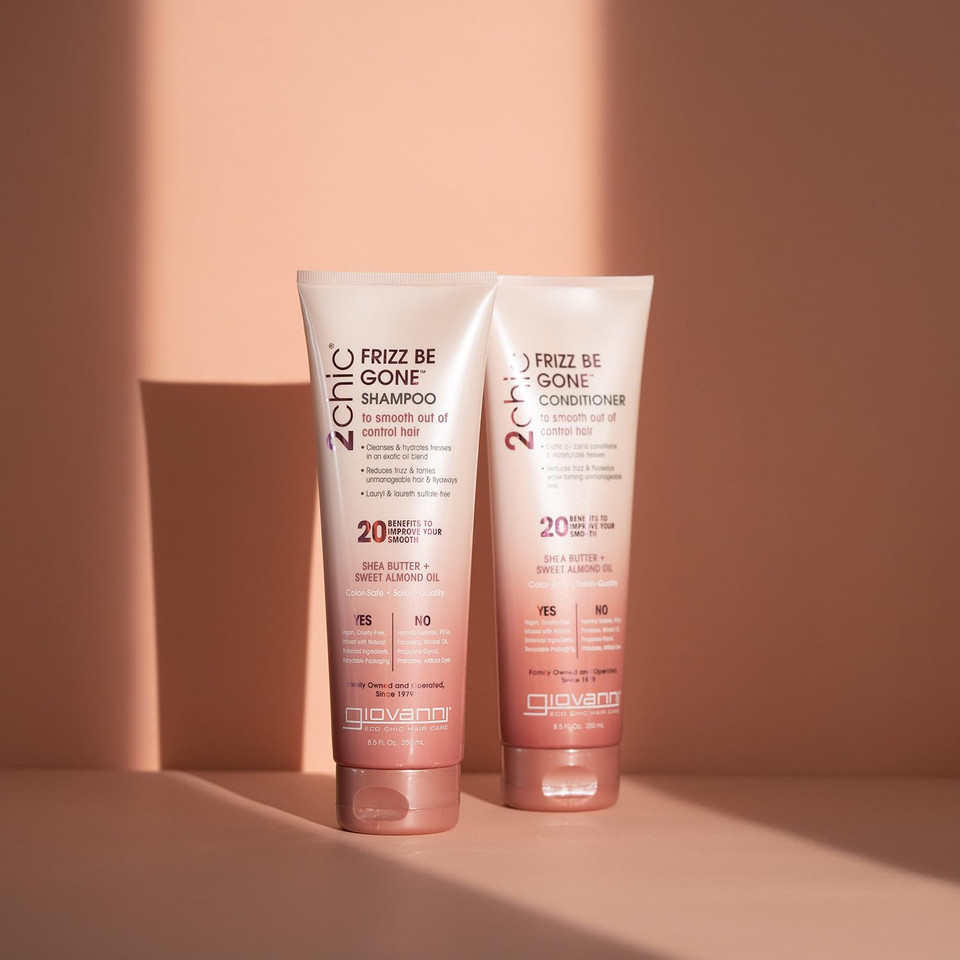 Giovanni 2Chic Frizz Be Gone Shampoo - Anti Frizz Natural Hair Smoothing Formula With Shea Butter & Sweet Almond Oil, Macadamia, Coconut, Sulfate & Paraben Free, Color Safe - 8.5 Oz