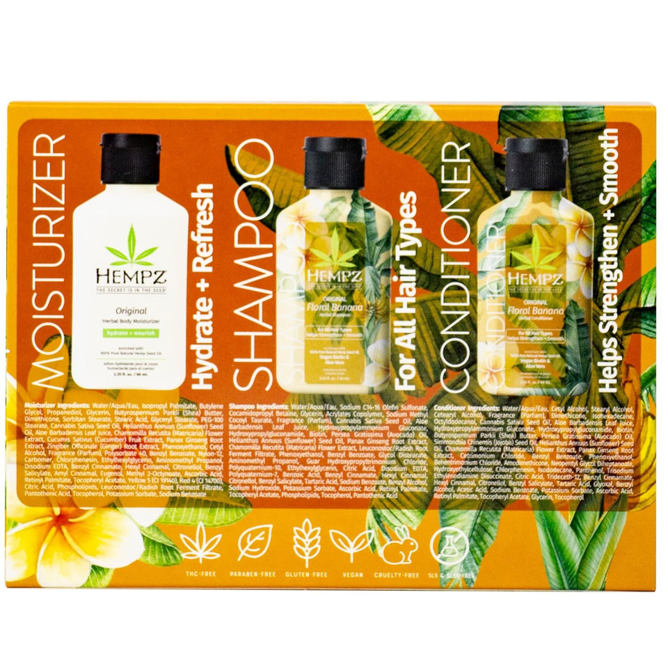 Hempz Original Shampoo, Conditioner, And Body Lotion Trio Set - Floral & Banana - Hair & Skin Care Product Pack, Hemp Seed Oil - 2.25 Fl Oz, 3-Pack Bundle