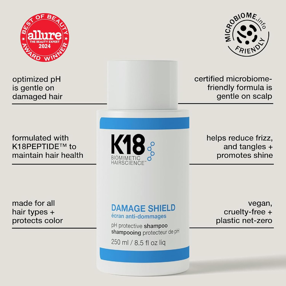 K18 Damage Shield Protective Shampoo, Reduces Frizziness & Tangles, Maintains Hair Health, 8.5 Fl Oz