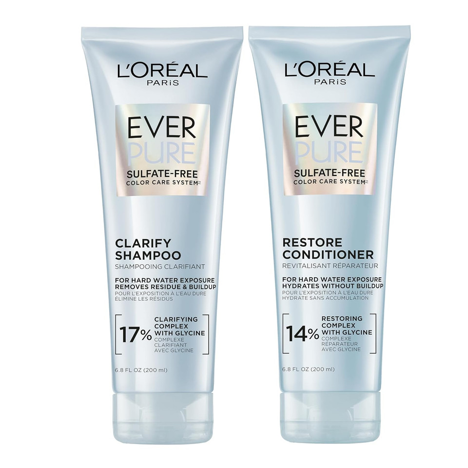 L'Oreal Paris Clarify And Restore Sulfate Free Shampoo And Conditioner Set With Antioxidants For Hard Water Exposure And Styling Build-Up, Everpure, 1 Hair Care Kit