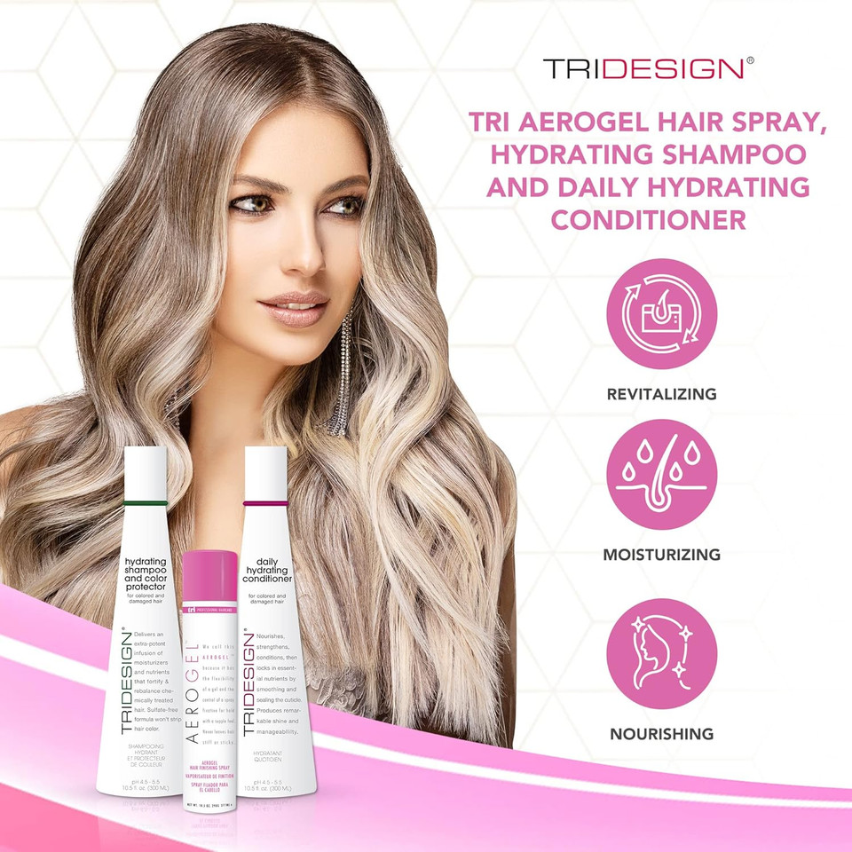 Tri Design Aerogel Hairspray 10.5 Oz., Hydrating Shampoo 10.5 Oz. And Daily Hydrating Conditioner 10.5 Oz. - Color Safe Shampoo And Conditioner With Hairspray For Women And Men