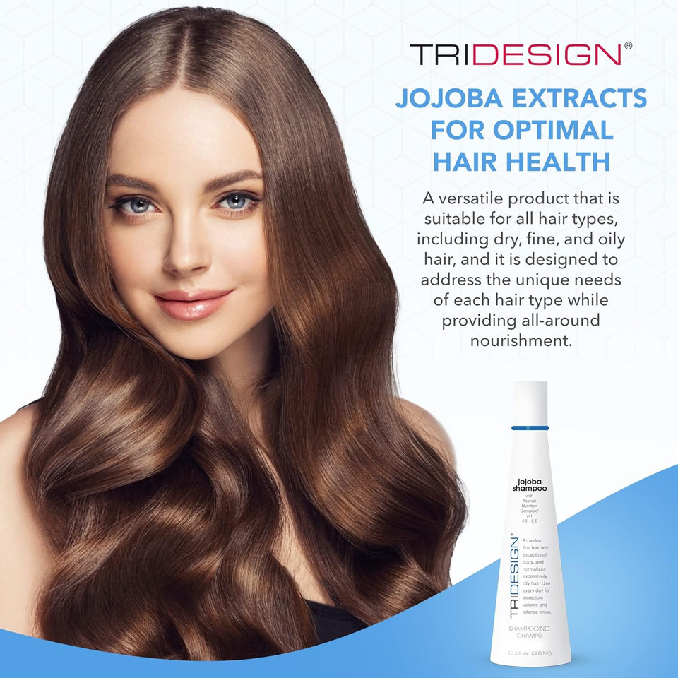 Tri Design Professional Hair Care Jojoba Oil Shampoo - Moisturizing, Thickening, And Nourishing For All Hair Types, Daily Use, Boosts Shine & Manageability, 10.5 Oz