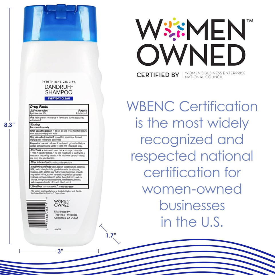 True+Real Classic Everyday Clean Anti-Dandruff Shampoo, Pyrithione Zinc 1%, Daily Use Scalp Care For All Hair Types, 14.2 Fl Oz, 1 Pk