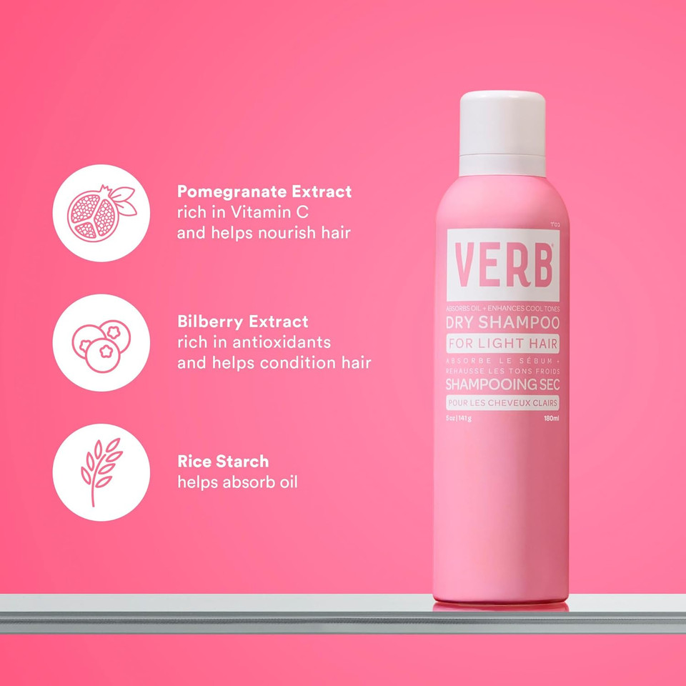 Verb Dry Shampoo Light - Gentle Cleanse, Style Extender & Light Volume - Refreshing Dry Shampoo Spray Removes Oil & Adds Volume - Vegan Dry Shampoo For Light Tones With No Harmful Sulfates, 5 Oz