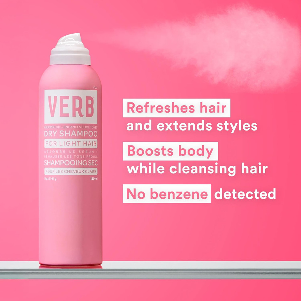 Verb Dry Shampoo Light - Gentle Cleanse, Style Extender & Light Volume - Refreshing Dry Shampoo Spray Removes Oil & Adds Volume - Vegan Dry Shampoo For Light Tones With No Harmful Sulfates, 5 Oz
