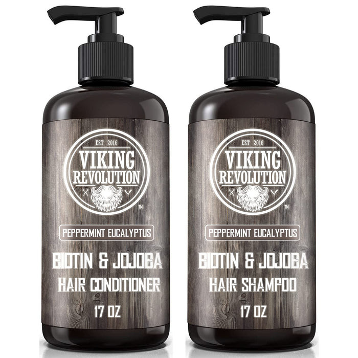Viking Revolution Biotin Mens Shampoo And Conditioner Set - Eucalyptus Shampoo And Conditioner Set With Jojoba Oil And Mint Oil - Peppermint Oil Hair Conditioner For Men (17 Oz)