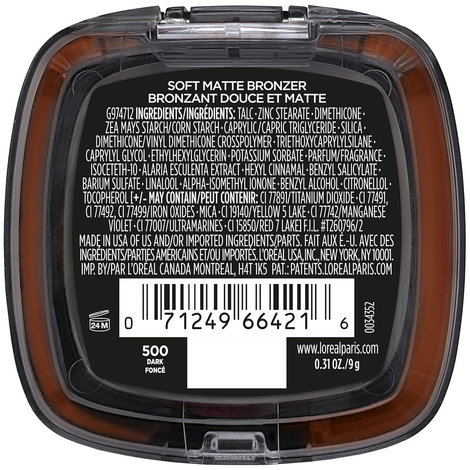 L'Oreal Paris Infallible Up To 24H Fresh Wear Soft Matte Longwear Bronzer. Waterproof, Heatproof, Transfer, Humidity And Sweatproof, Dark, 0.31 Oz