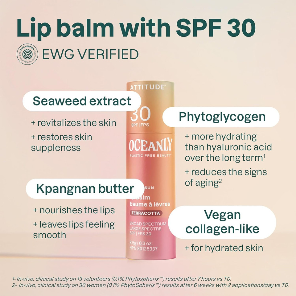 Attitude Oceanly Tinted Lip Balm With Spf 30, Ewg Verified, Plastic-Free, Broad Spectrum Uva/Uvb Protection With Zinc Oxide, Vegan, Unscented, Baby Rose, 0.3 Ounce