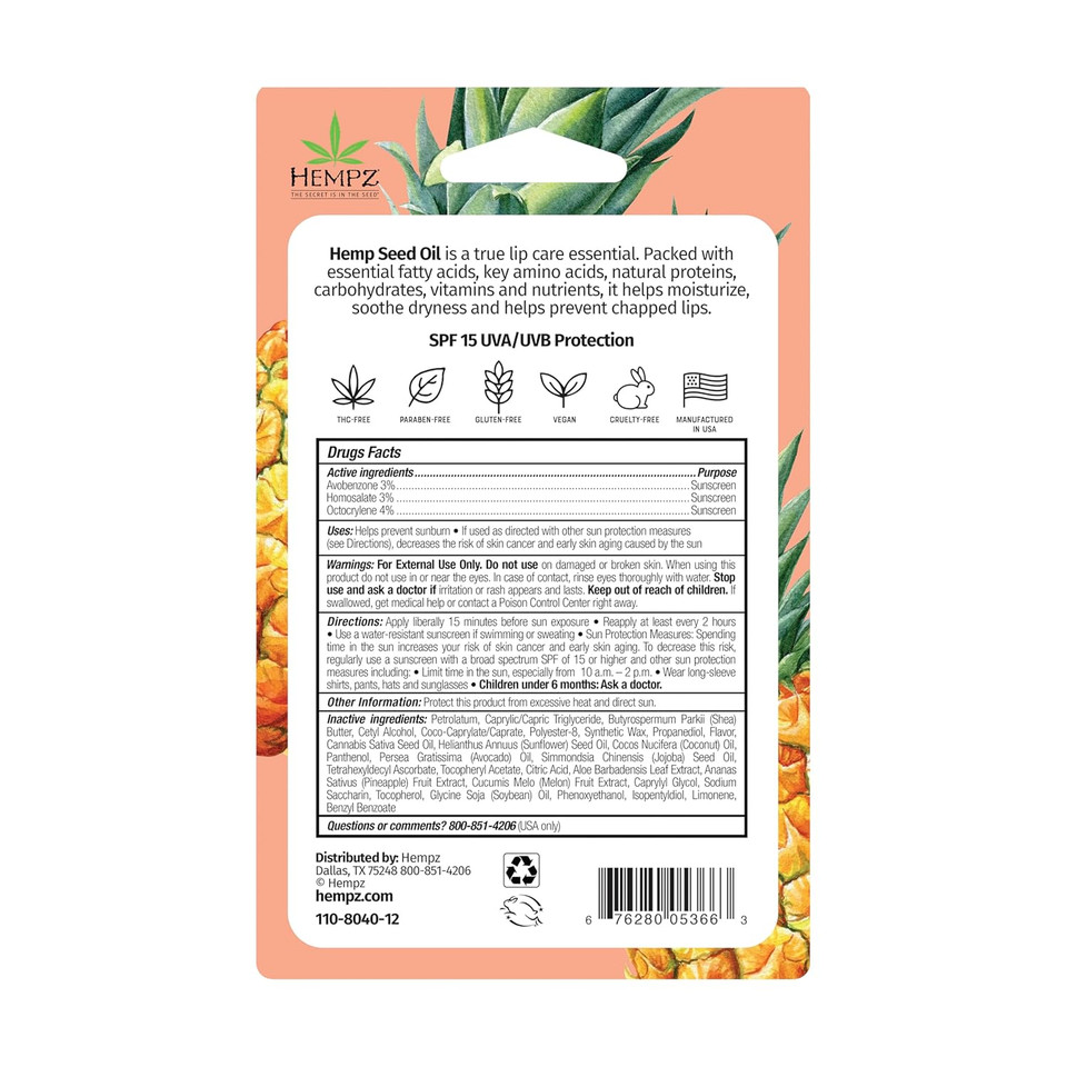 Hempz Spf 15 Lip Balm, Sweet Pineapple & Honey Melon Herbal Soothing Lip Care, For Men Or Women .44 Oz