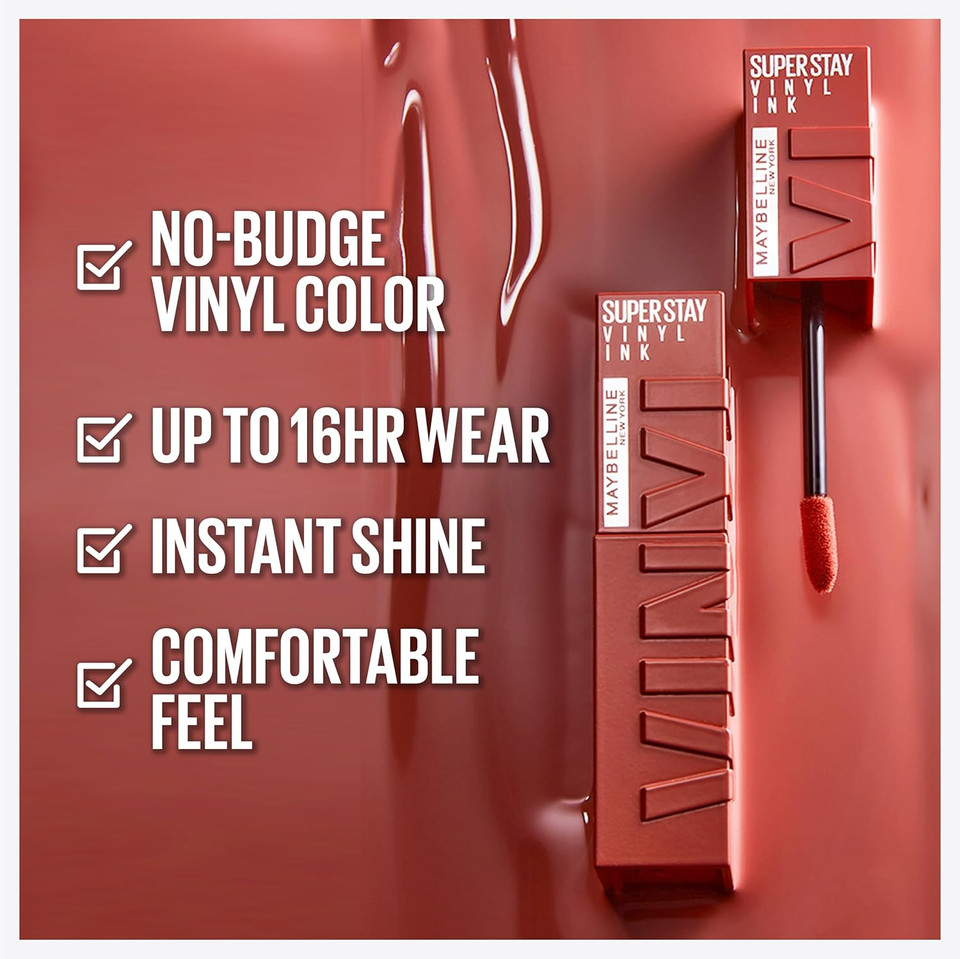 Maybelline Super Stay Vinyl Ink Longwear No-Budge Liquid Lipcolor Makeup, Highly Pigmented Color And Instant Shine, Wicked, Cool Red Lipstick, 0.14 Fl Oz, 1 Count Maybelline Super Stay Vinyl Ink Longwear No-Budge Liquid Lipcolor Makeup, Highly Pigmented Color And Instant Shine, Wicked, Cool Red Lipstick, 0.14 Fl Oz, 1 Count