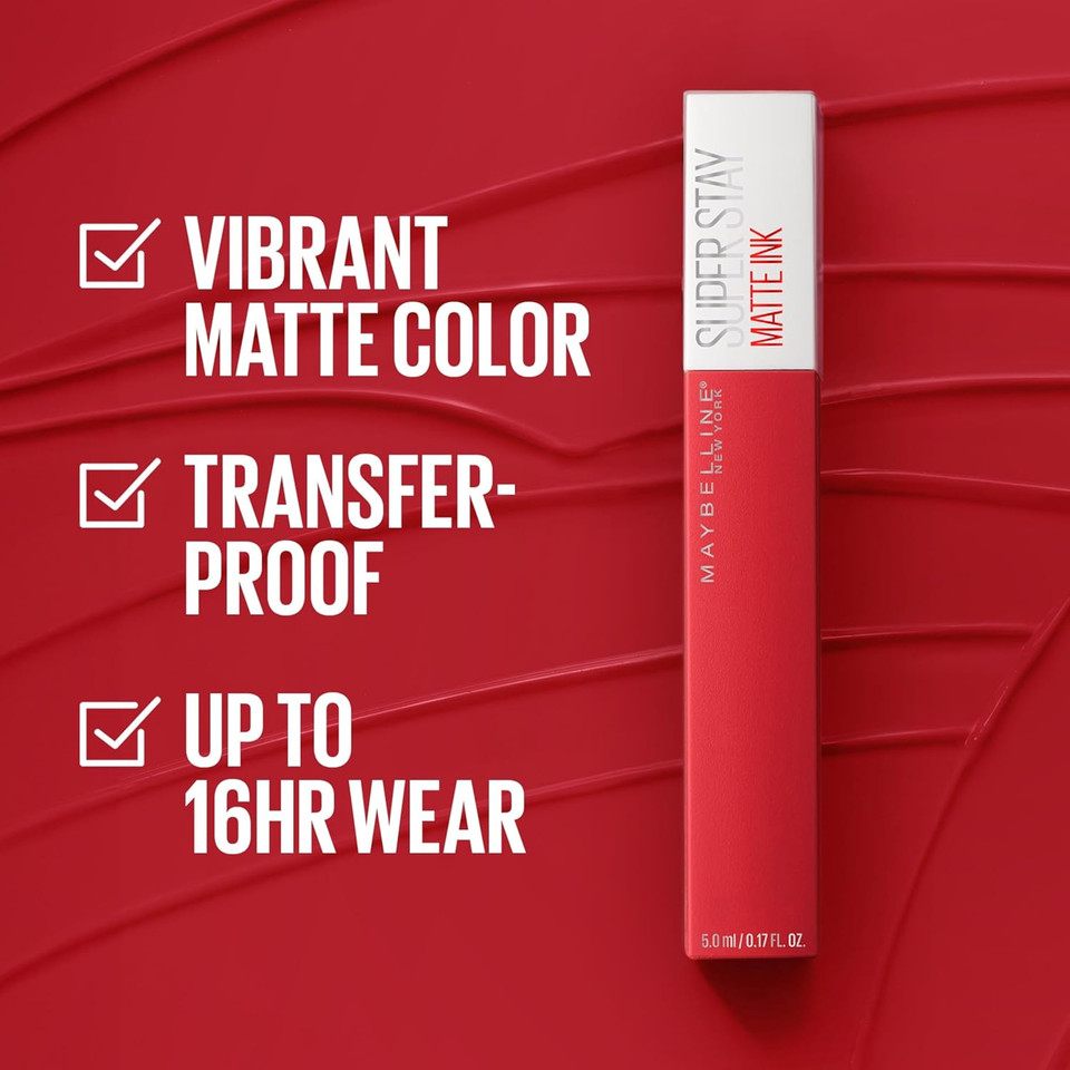 Maybelline Super Stay Matte Ink Liquid Lipstick Makeup, Long Lasting High Impact Color, Up To 16H Wear, Innovator, Cardinal Red, 1 Count