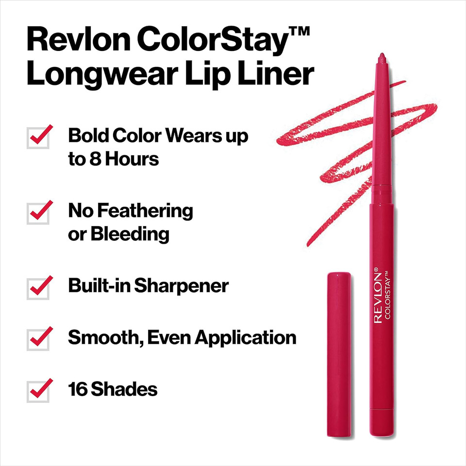 Revlon Lip Liner, Colorstay Lip Makeup With Built-In-Sharpener, Longwear Rich Lip Colors, Smooth Application, 665 Plum, 0.01 Oz