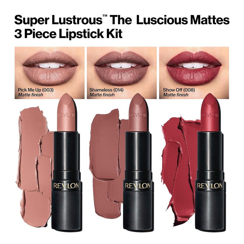Revlon Lipstick Set, Super Lustrous 3 Piece Gift Set, High Impact, Matte Finish In Nude Plum & Red, Pack Of 3