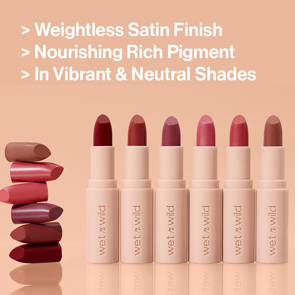 Wet N Wild Mega Last Rich Satin Lip Color, Rich Creamy Color With Satin Finish, Infused With Vitamin E & Moisturizing Argan Oil, Lightweight, Silky-Smooth, Vegan & Cruelty-Free - Hush Lil' Beige