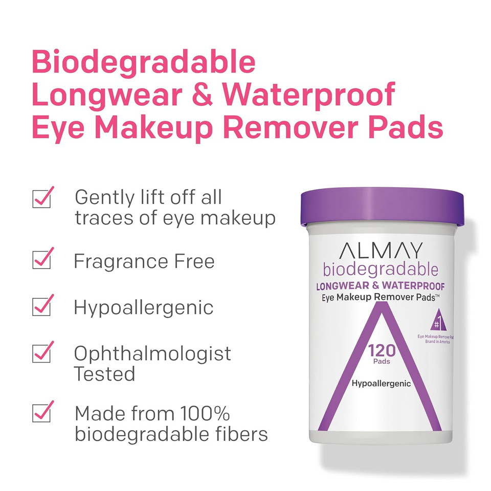 Almay Biodegradable Makeup Remover Pads, Longwear & Waterproof, Hypoallergenic, Fragrance-Free, Dermatologist & Ophthalmologist Tested, 120 Count