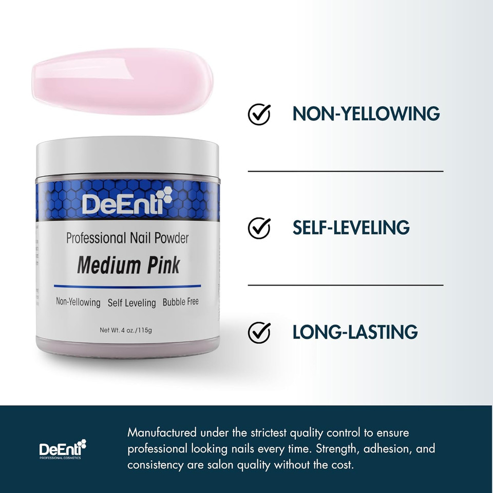 Deenti Acrylic Nail Powder, 4Oz Medium Pink Acrylic Powder Dip For Nails, Long Lasting Salon Quality, Bubble Free Professional Nail Powder For Manicure, Nail Art, Fake Nails, Nail Carving & Extensions