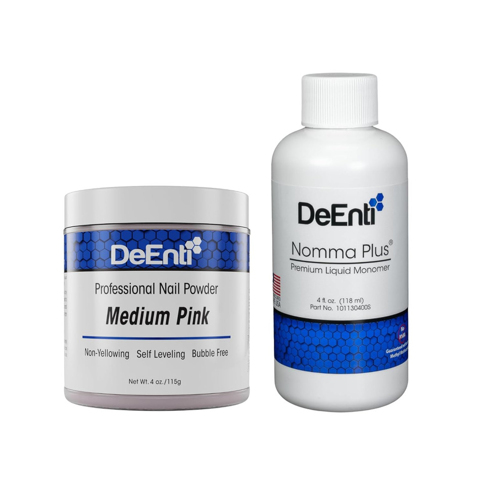 Deenti Nail Powder And Liquid Monomer Set - 4Oz Medium Pink Acrylic Nail Powder Dip For Nails + 4Oz Nomma Plus Professional Liquid Monomer