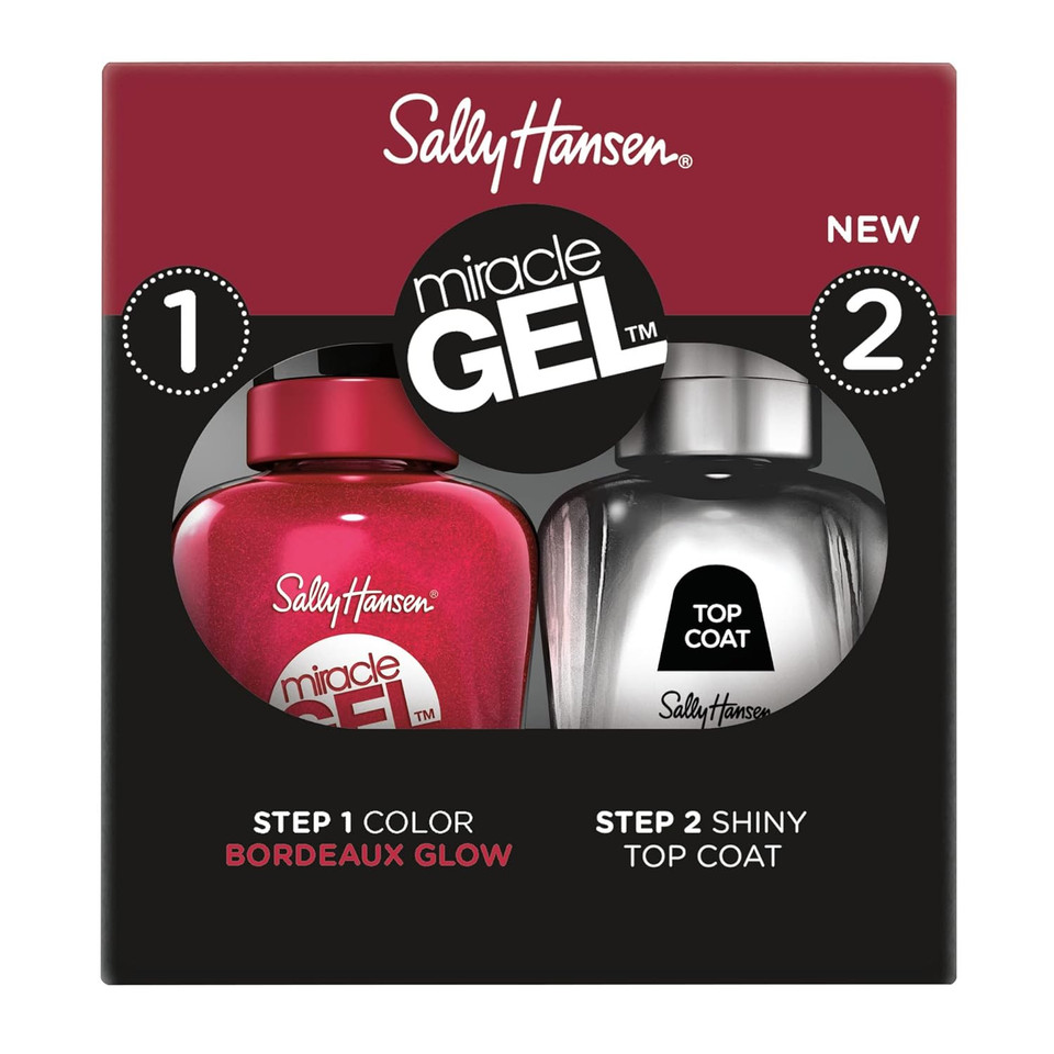 Sally Hansen Miracle Gelã¢Â, Bordeaux Glow And Shiny Top Coat Duo, Long Lasting, Gel-Like Formula, No Uv Lamp Needed, Nail Polish Duo