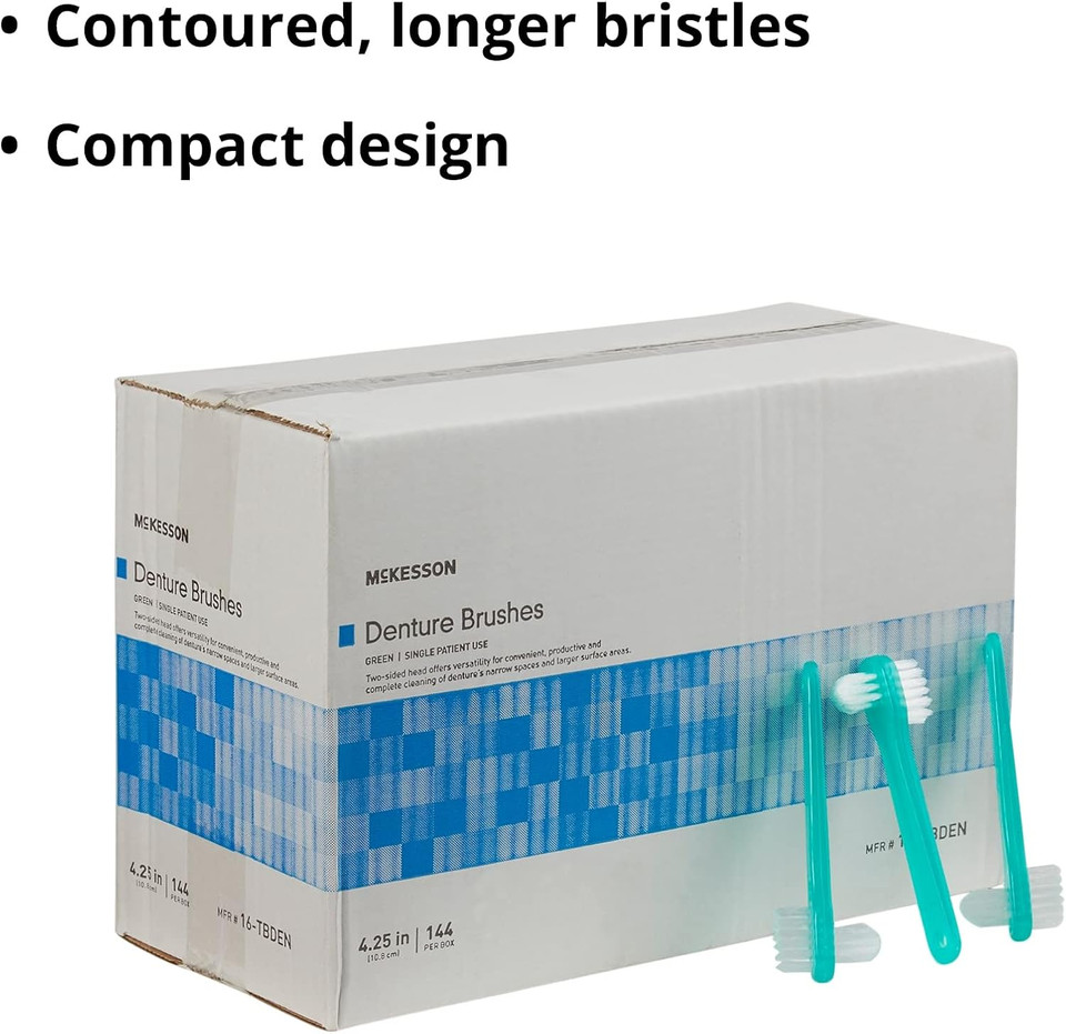Mckesson Denture Brushes 2-Sided Bristle, Green, 144 Count