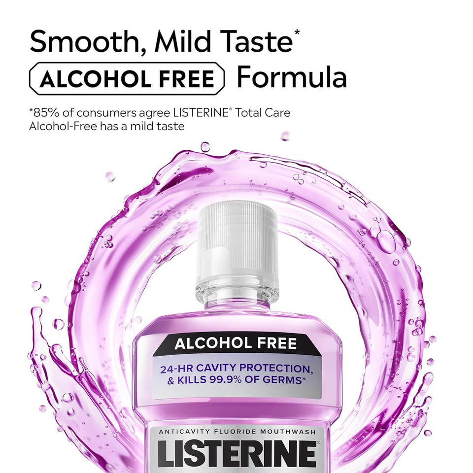 Listerine Total Care Alcohol-Free Anticavity Fluoride Mouthwash, 6 Benefit Oral Rinse To Help Kill 99% Of Germs That Cause Bad Breath, Strengthen Enamel, Fresh Mint Flavor, 500 Ml